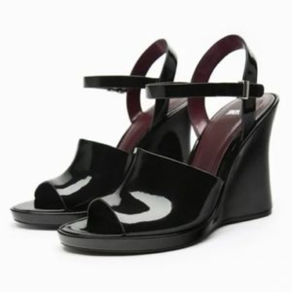 Zara Shiny Black Ankle Strap Wedges